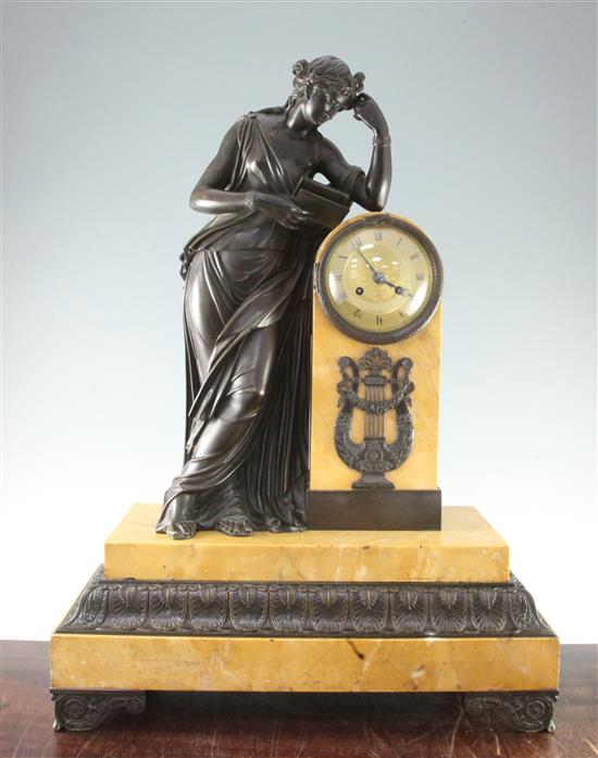 A 19th century French bronze mounted Sienna marble mantel clock, 26in.